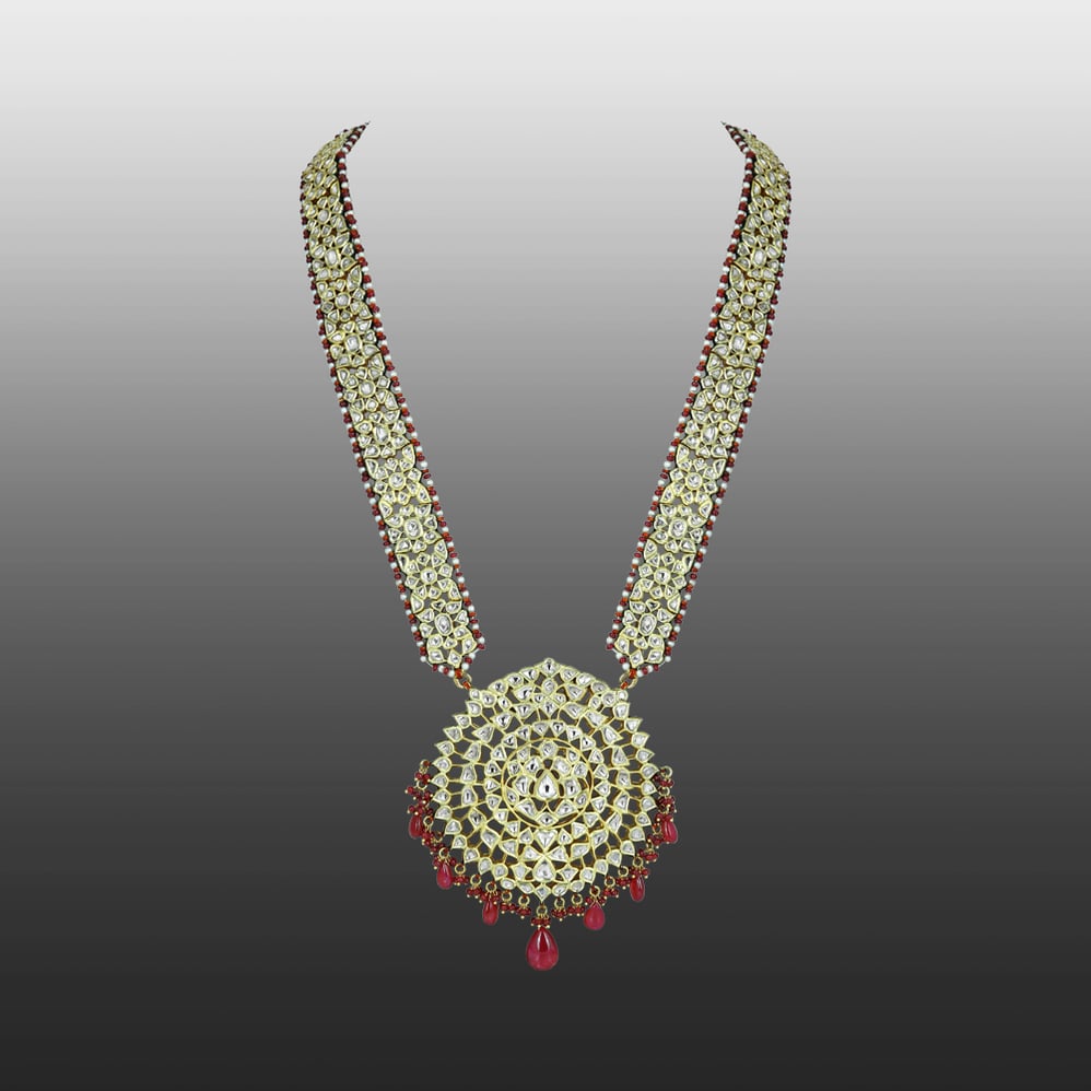 Ruby Beaded Polki Pendant with Intricate Circular Design